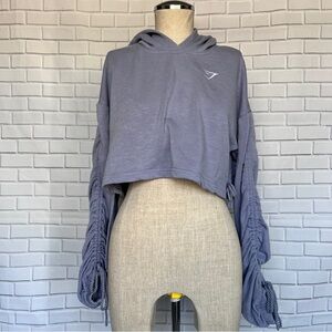 GYMSHARK Womens Hoodie Cropped Blue Ruched Cinch Hooded Sweatshirt Women’s Small